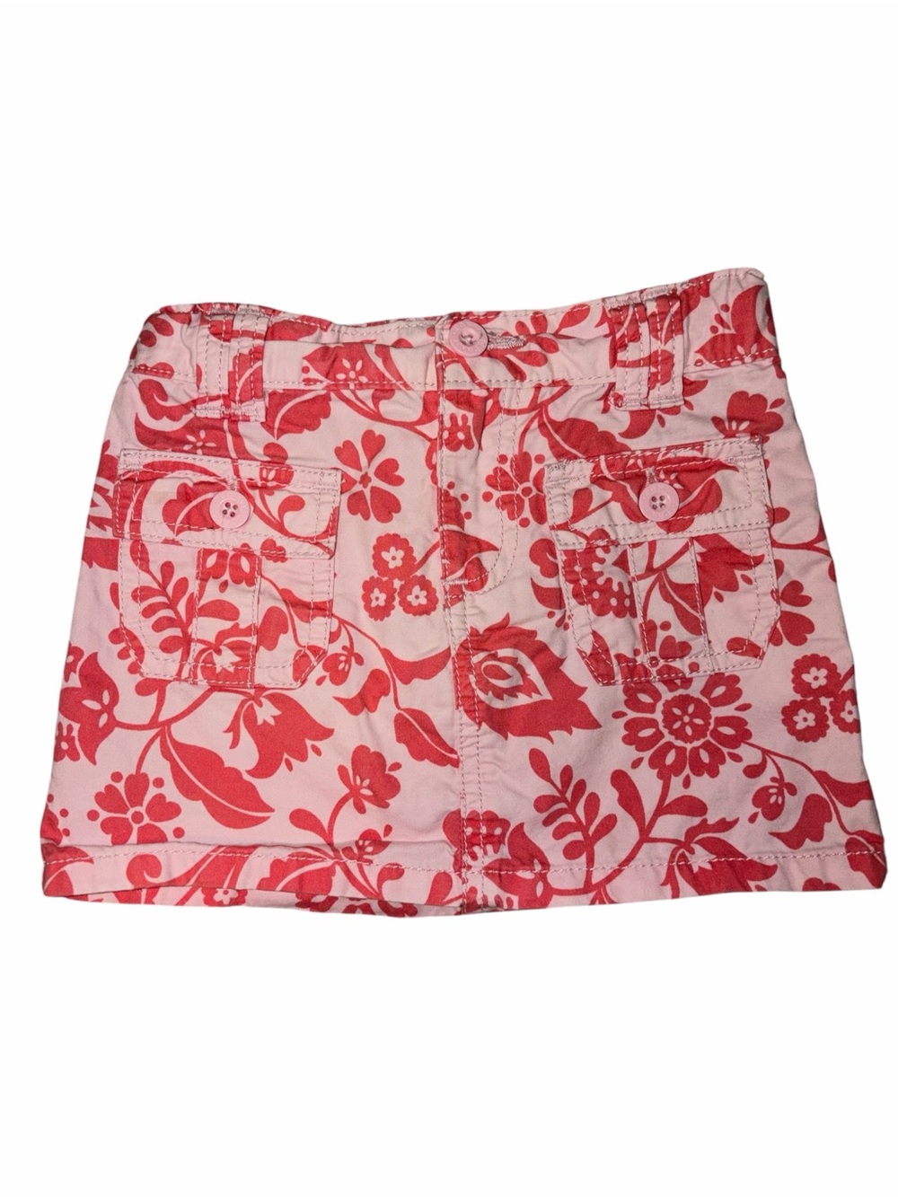 Vintage Y2K Old Navy Hawaiian Pink Floral Print Hibiscus Cargo Mini Skirt 3T